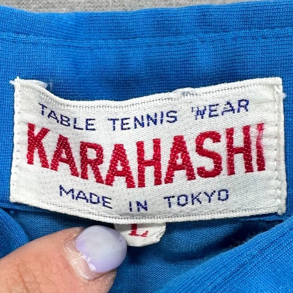 VTG 70s KARAHASHI Polo Shirt Mens Large Blue Table‎ Tennis Wear Tokyo Ping Pong - Picture 4 of 7
